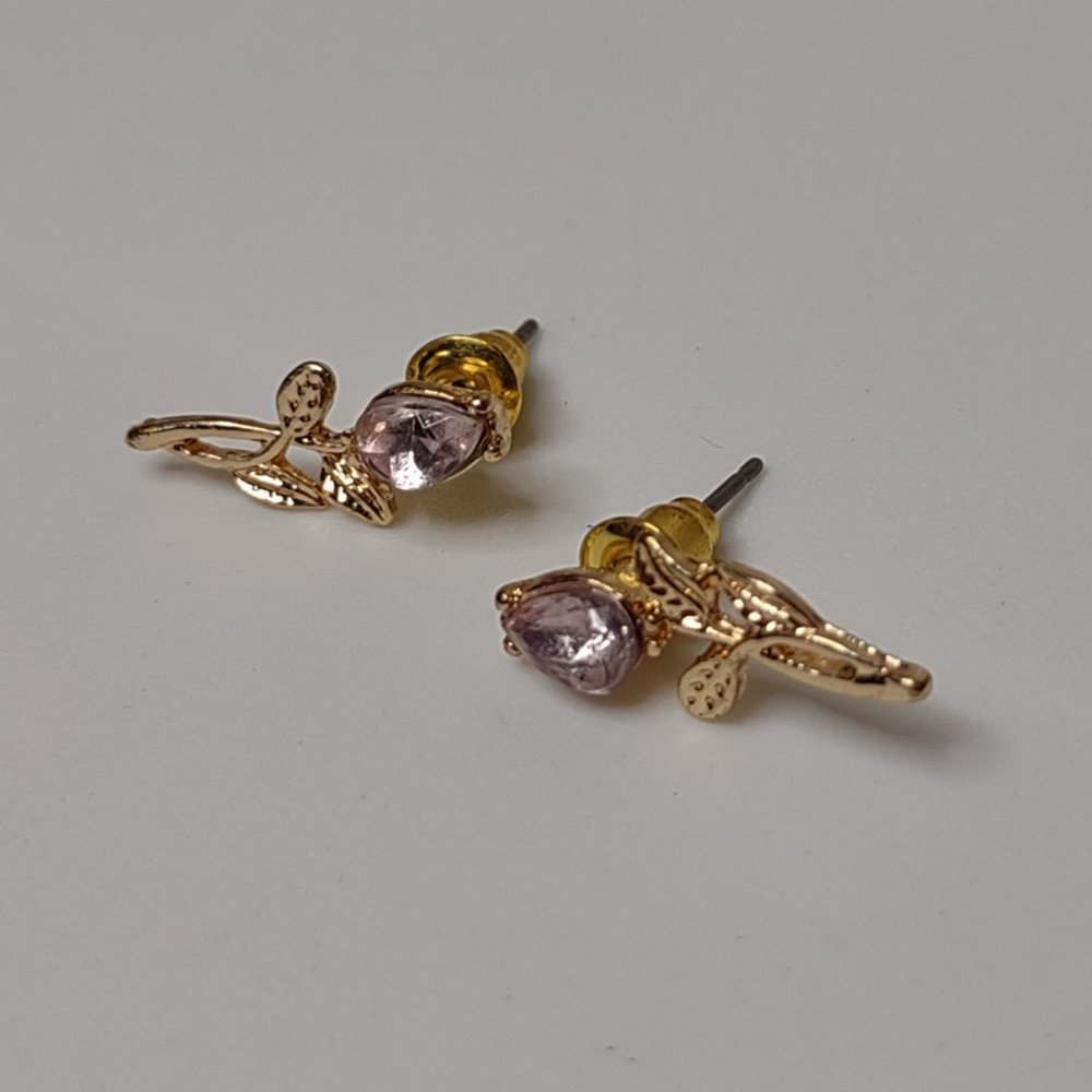 Cute Little Gold Tone And Purple Flower Earrings